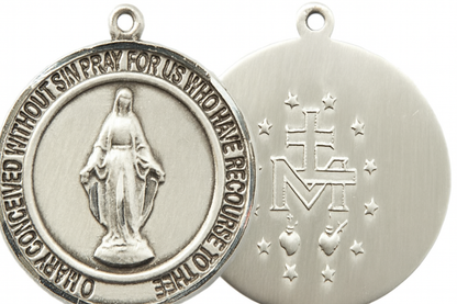 Women's Pewter Miraculous Medal Pendant on 18 Inch Rhodium Plated Lite Curb Brass Chain with Lobster Claw Clasp, Catholic Religious Necklace - Made in USA- Deluxe Velvet Gift Box