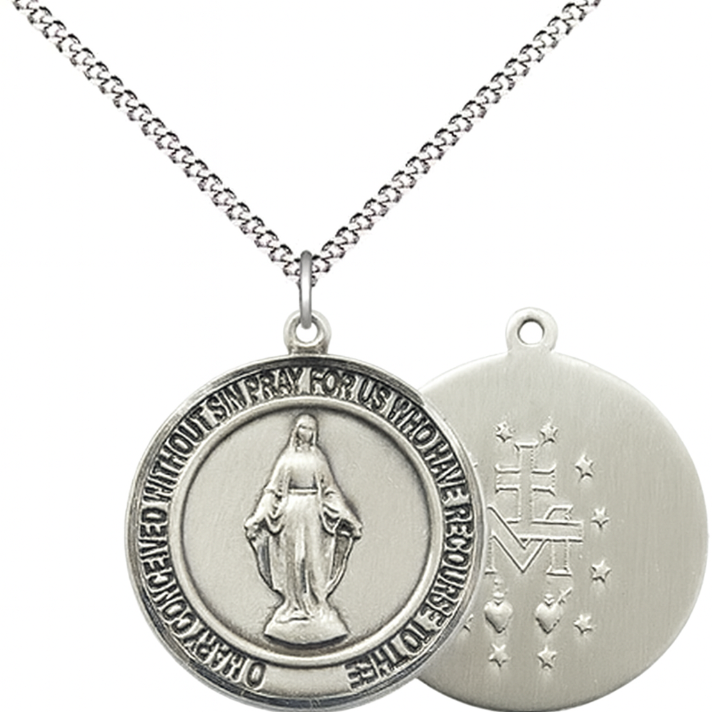 Women's Pewter Miraculous Medal Pendant on 18 Inch Rhodium Plated Lite Curb Brass Chain with Lobster Claw Clasp, Catholic Religious Necklace - Made in USA- Deluxe Velvet Gift Box