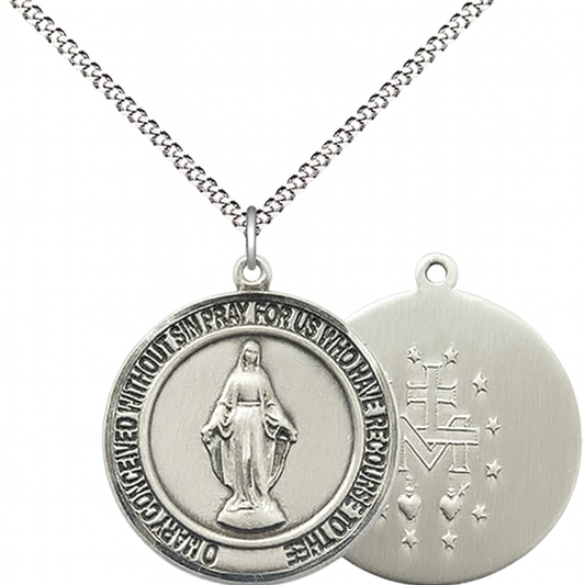 Women's Pewter Miraculous Medal Pendant on 18 Inch Rhodium Plated Lite Curb Brass Chain with Lobster Claw Clasp, Catholic Religious Necklace - Made in USA- Deluxe Velvet Gift Box