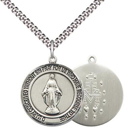 Everlasting Light Jewelry Men's Pewter Miraculous Medal Pendant on 24 Inch Endless Rhodium Plated Heavy Curb Chain, Catholic Religious Necklace - Made in USA - Deluxe Velvet Gift Box
