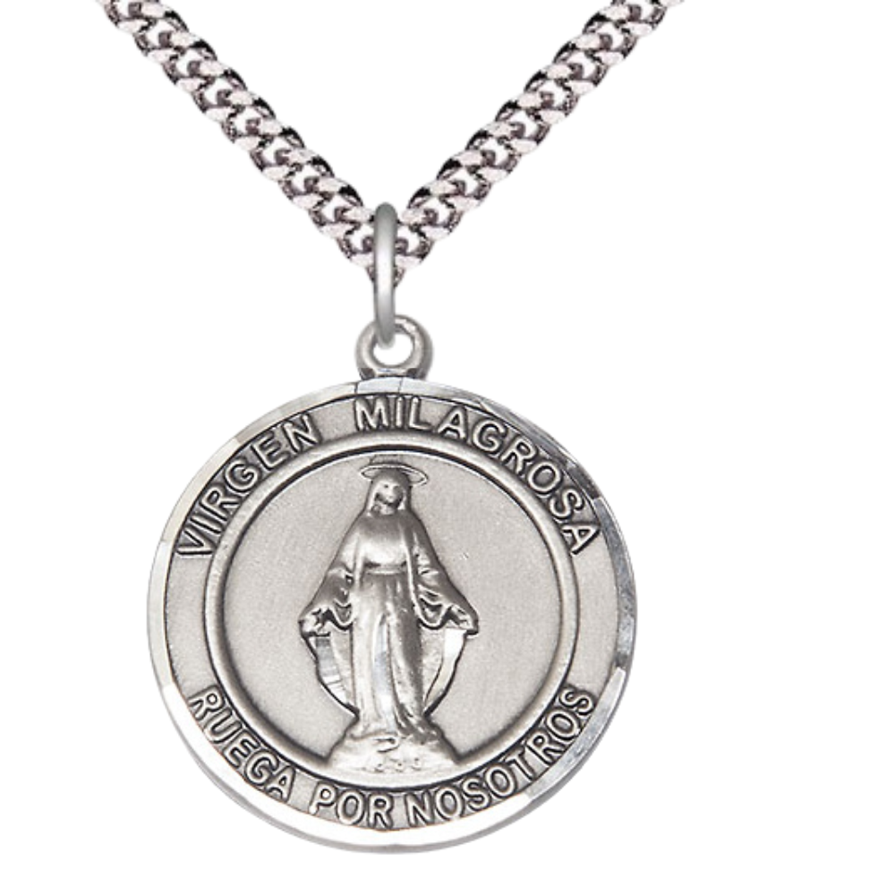 Mens 1 x 7/8" Round Pewter Virgen Milagrosa Medal Pendant on 24 Inch Rhodium Plated Heavy Curb Brass Chain with Lobster Claw clasp, Catholic Religious Necklace - Made in USA- Velvet Gift Box