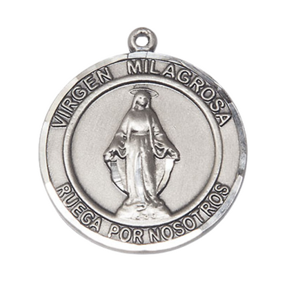 Mens .925 Sterling Silver Virgen Milagrosa Medal Pendant on 24" Rhodium Plated Heavy Curb Brass Chain with Lobster Claw clasp, Catholic Religious Necklace -Made in USA- Velvet Gift Box