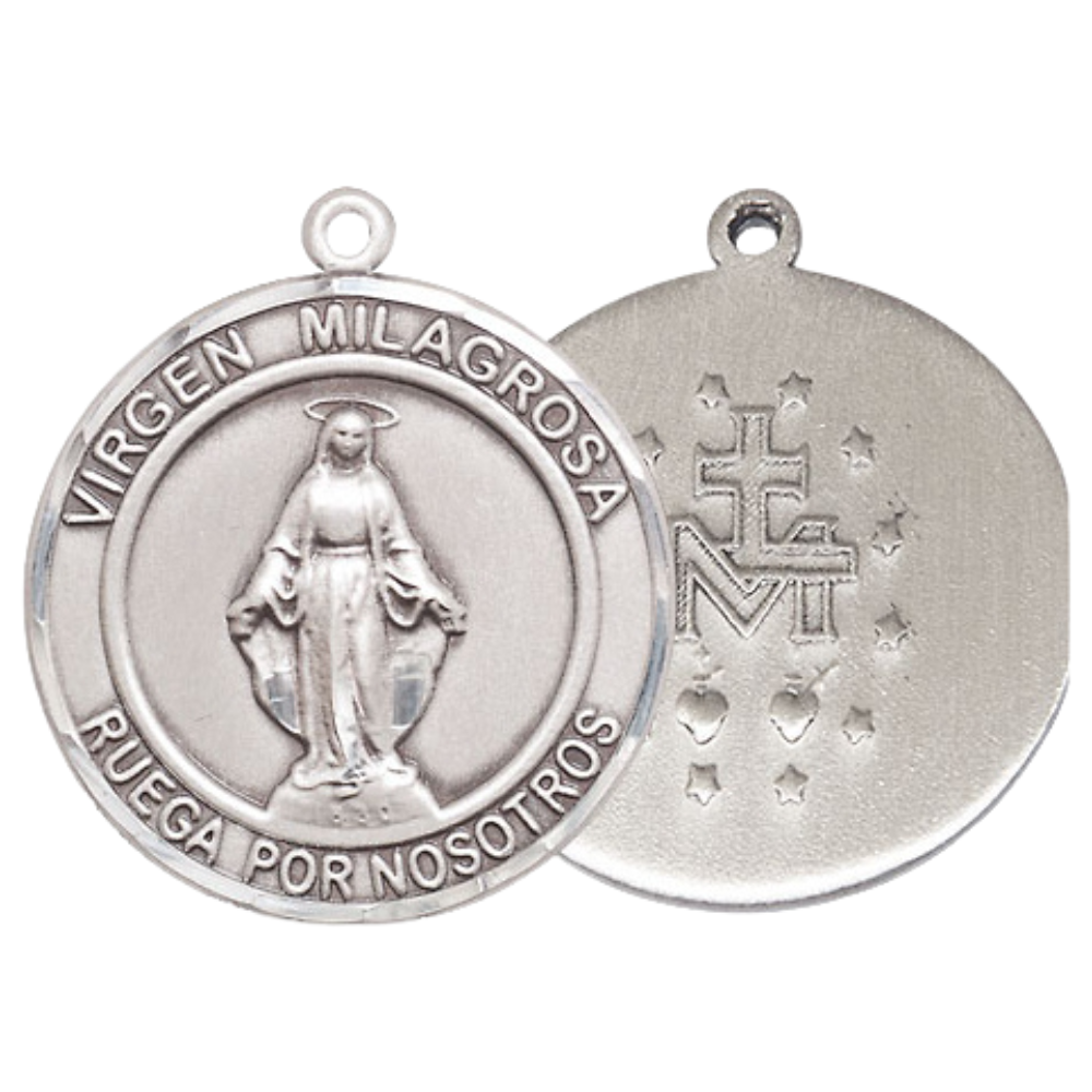 Spanish Script Women's .925 Sterling Silver Virgen Milagrosa Medal Pendant on 18 Inch Rhodium Plated Lite Curb Brass Chain, Catholic Religious Necklace with Lobster Claw Clasp - Made in USA, Deluxe Velvet Gift Box