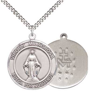 Spanish Script Women's Pewter Virgen Milagrosa Medal Pendant on 18 Inch Rhodium Plated Lite Curb Brass Chain, Catholic Religious Necklace with Lobster Claw Clasp - Made in USA, in Deluxe Velvet Gift Box