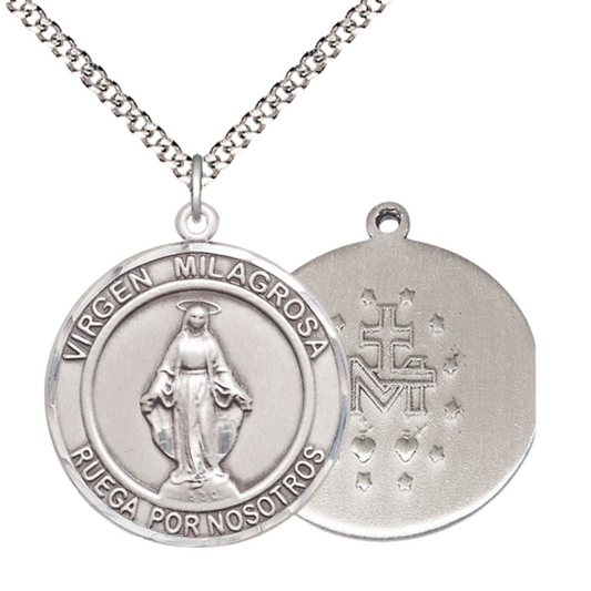 Spanish Script Women's .925 Sterling Silver Virgen Milagrosa Medal Pendant on 18 Inch Rhodium Plated Lite Curb Brass Chain, Catholic Religious Necklace with Lobster Claw Clasp - Made in USA, Deluxe Velvet Gift Box