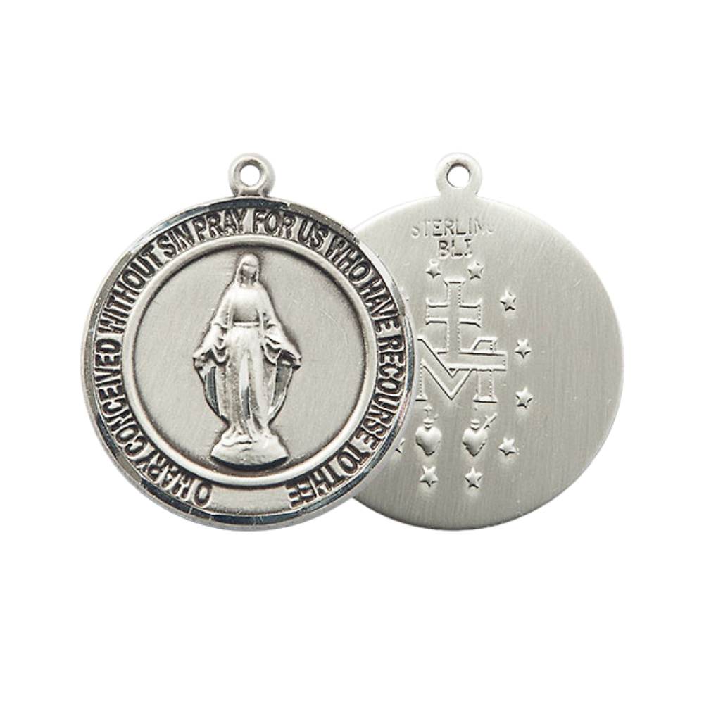 Women's .925 Sterling Silver Miraculous Medal Pendant on 18 Inch Rhodium Plated Lite Curb Brass Chain with Lobster Claw Clasp, Catholic Religious Necklace - Made in USA- Deluxe Velvet Gift Box