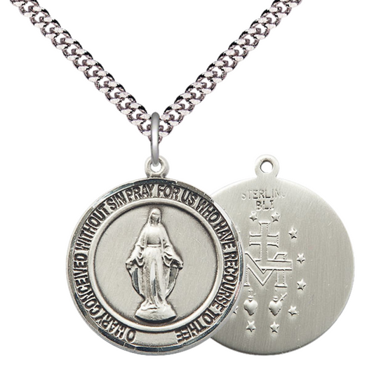 Mens Round .925 Sterling Silver Miraculous Medal Pendant on 24 Inch Rhodium Plated Heavy Curb Brass Chain with Lobster Claw clasp, Catholic Religious Necklace - Made in USA- Velvet Gift Box