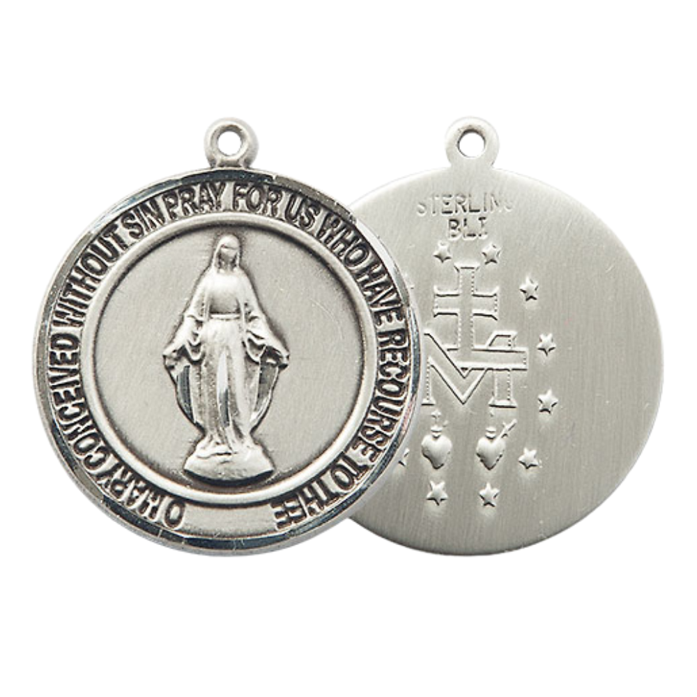 Everlasting Light Jewelry Men's .925 Sterling Silver Miraculous Medal Pendant on 24 Inch Endless Rhodium Plated Heavy Curb Chain, Catholic Religious Necklace - Made in USA, Deluxe Velvet Gift Box