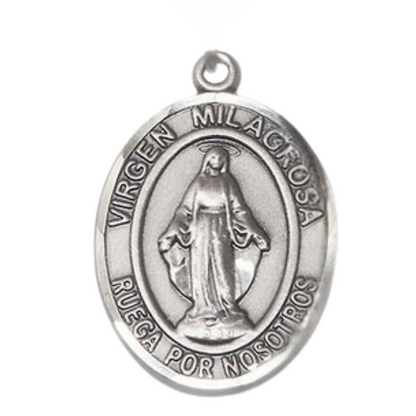 Spanish Script Men's .925 Sterling Silver Virgen Milagrosa Medal Pendant on 24 Inch Endless Rhodium Plated Heavy Curb Chain,Catholic Religious Necklace -Made in USA, Comes in Deluxe Velvet Gift Box