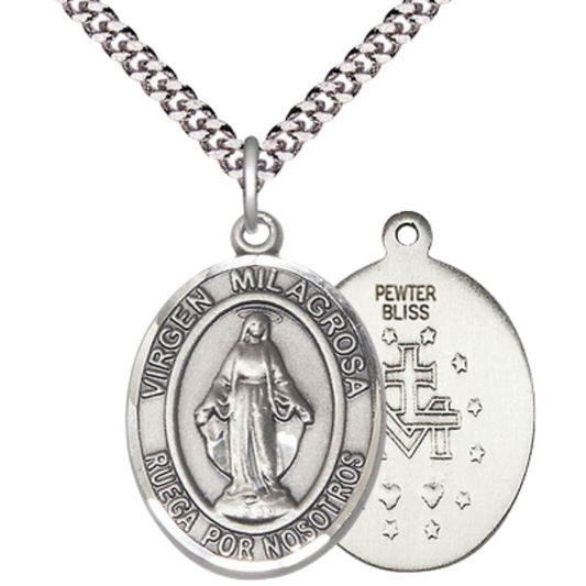 Everlasting Light Jewelry Men's Pewter Virgen Milagrosa Pendant – 1" x ¾ – 24" Rhodium Plated Chain – Catholic Necklace – Virgen Milagrosa Medal – Velvet Gift Box Included