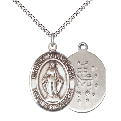 Spanish Script Women's Pewter Virgen Milagrosa Medal Pendant on 18 Inch Rhodium Plated Lite Curb Brass Chain, Catholic Religious Necklace with Lobster Claw Clasp - Made in USA, Comes in Deluxe Velvet Gift Box