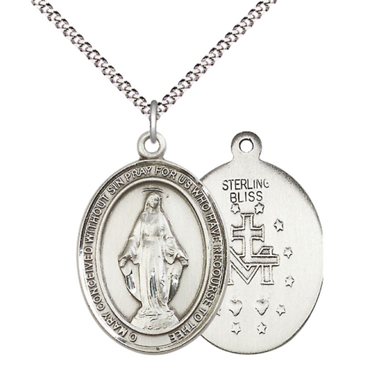 Women's .925 Sterling Silver Miraculous Medal Pendant on 18 Inch Rhodium Plated Lite Curb Brass Chain with Lobster Claw Clasp, Catholic Religious Necklace - Made in USA- Deluxe Velvet Gift Box
