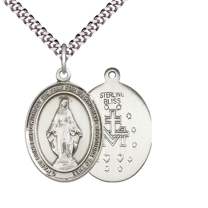 Everlasting Light Jewelry Men's .925 Sterling Silver Miraculous Medal Pendant on 24 Inch Endless Rhodium Plated Heavy Curb Chain, Catholic Religious Necklace - Made in USA - Deluxe Velvet Gift Box