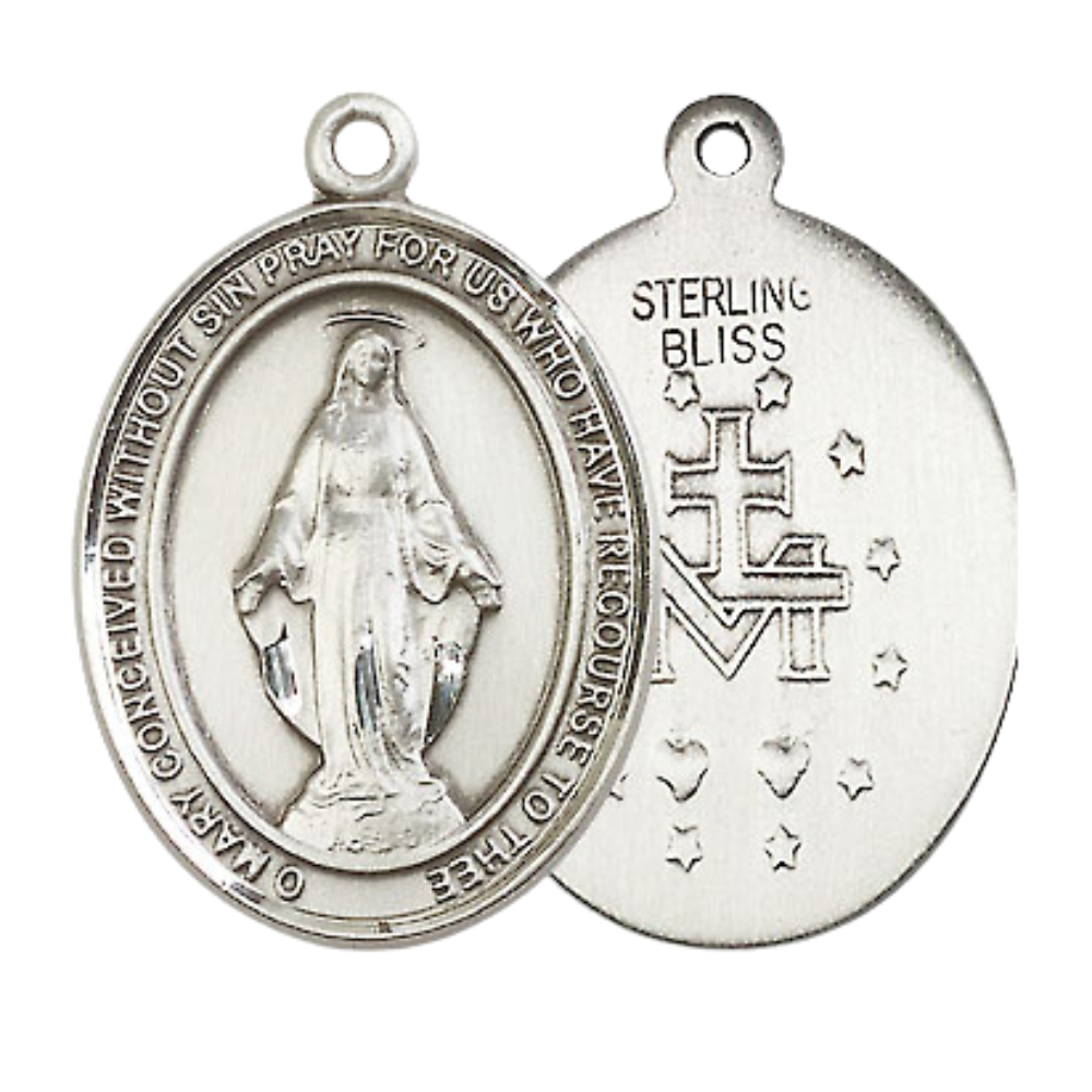 Everlasting Light Jewelry Men's .925 Sterling Silver Miraculous Medal Pendant on 24 Inch Endless Rhodium Plated Heavy Curb Chain, Catholic Religious Necklace - Made in USA - Deluxe Velvet Gift Box