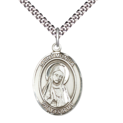 Mens 1 x 3/4" Oval Pewter Saint Monica Medal Pendant on 24" Rhodium Plated Heavy Curb Brass Chain with Lobster Claw clasp , Catholic Religious Necklace -Made in USA - Deluxe Velvet Gift Box