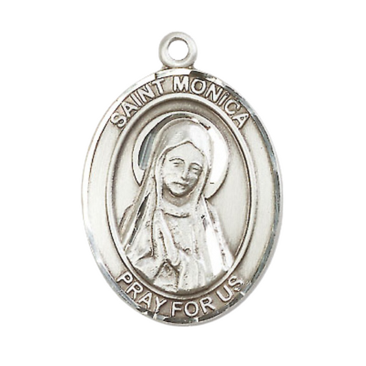 Mens Oval .925 Sterling Silver Saint St. Monica Medal Pendant on 24 Inch Rhodium Plated Heavy Curb Brass Chain with Lobster Claw clasp, Catholic Religious Necklace - Made in USA- Velvet Gift Box