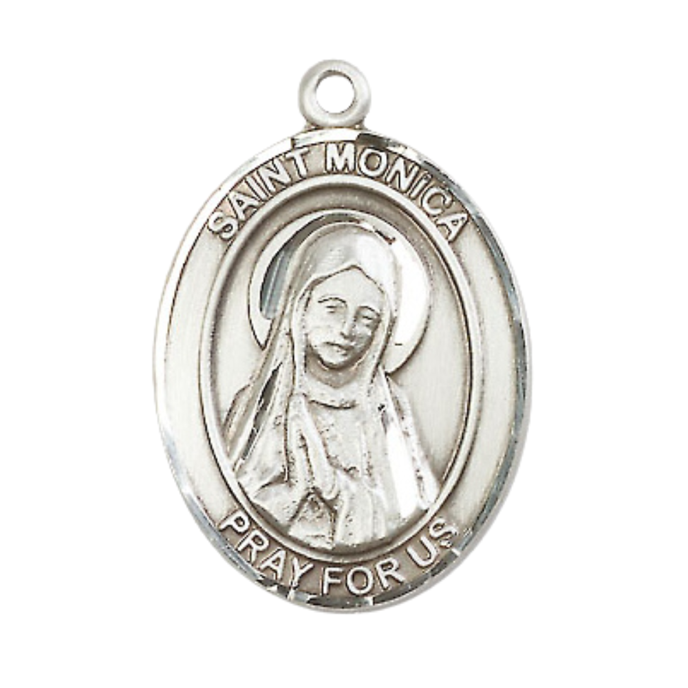 Saint St. Monica Men's .925 Sterling Silver Medal – Patron Saint St. of Abuse Victims – 24 Inch Light Rhodium Plated Heavy Curb Chain, Catholic Medal – Velvet Gift Box