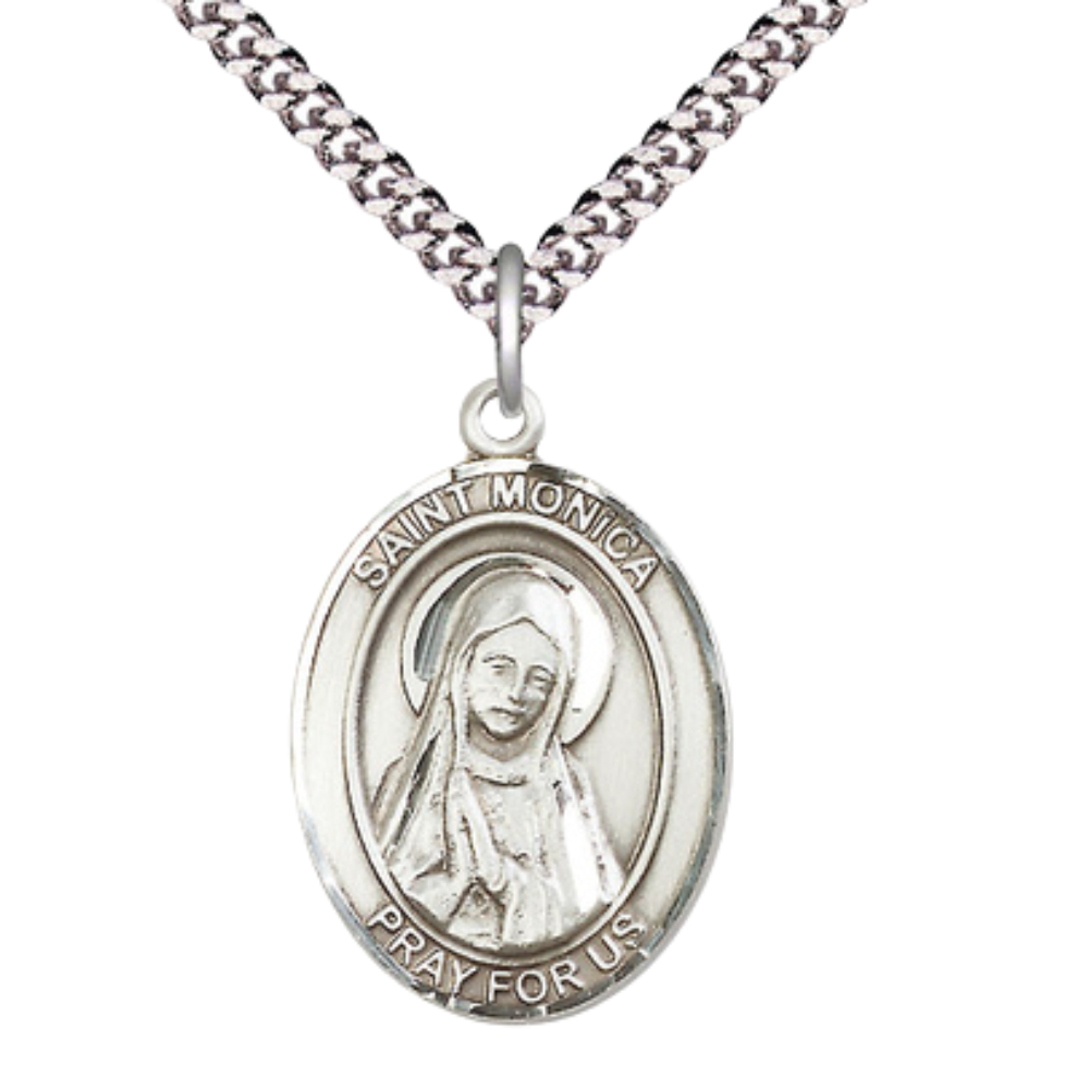 Everlasting Light Jewelry Saint St. Monica Men's Pewter Medal Necklace, Catholic Medal - Patron Saint. of Abuse Victims – 24 Inch Endless Rhodium Plated Chain – Velvet Gift Box