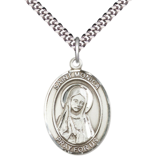 Everlasting Light Jewelry Saint St. Monica Men's Pewter Medal Necklace, Catholic Medal - Patron Saint. of Abuse Victims – 24 Inch Endless Rhodium Plated Chain – Velvet Gift Box