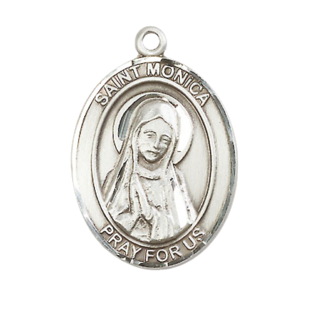 Women's .925 Sterling Silver Saint St. Monica Medal Pendant on 18 Inch Rhodium Plated Lite Curb Brass Chain with Lobster Claw Clasp, Catholic Religious Necklace - Made in USA- Deluxe Velvet Gift Box