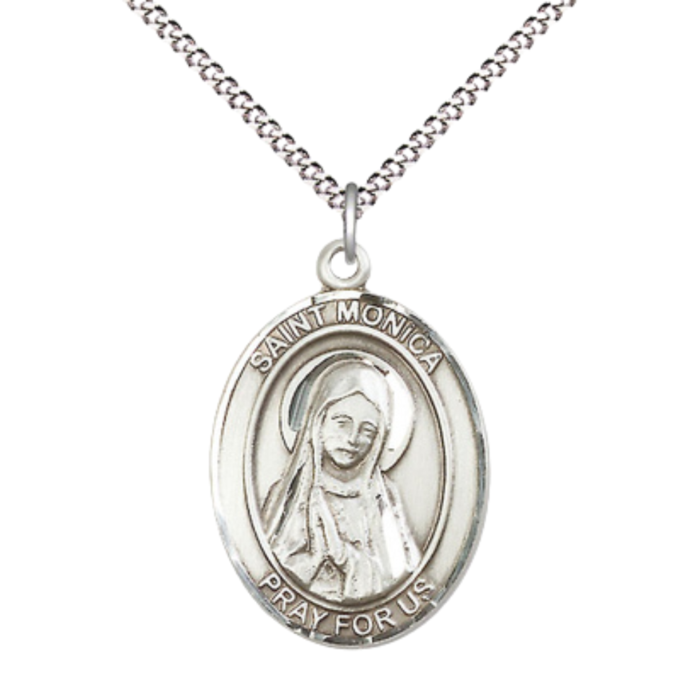 Women's Pewter Saint St. Monica Medal Pendant on 18 Inch Rhodium Plated Lite Curb Brass Chain with Lobster Claw Clasp, Catholic Religious Necklace - Made in USA- Deluxe Velvet Gift Box