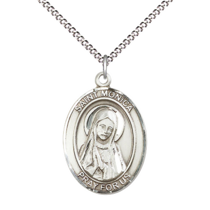 Women's Pewter Saint St. Monica Medal Pendant on 18 Inch Rhodium Plated Lite Curb Brass Chain with Lobster Claw Clasp, Catholic Religious Necklace - Made in USA- Deluxe Velvet Gift Box