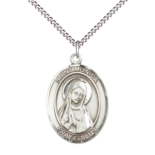 Women's Pewter Saint St. Monica Medal Pendant on 18 Inch Rhodium Plated Lite Curb Brass Chain with Lobster Claw Clasp, Catholic Religious Necklace - Made in USA- Deluxe Velvet Gift Box