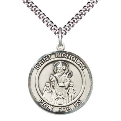 Men's .925 Sterling Silver Saint St. Nicholas Medal Pendant on 24 Inch Endless Rhodium Plated Heavy Curb Chain, Catholic Religious Necklace - Made in USA - Deluxe Velvet Gift Box