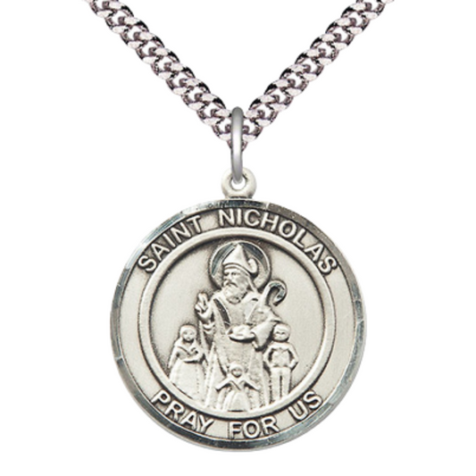 Men's .925 Sterling Silver Saint St. Nicholas Medal Pendant on 24 Inch Endless Rhodium Plated Heavy Curb Chain, Catholic Religious Necklace - Made in USA - Deluxe Velvet Gift Box