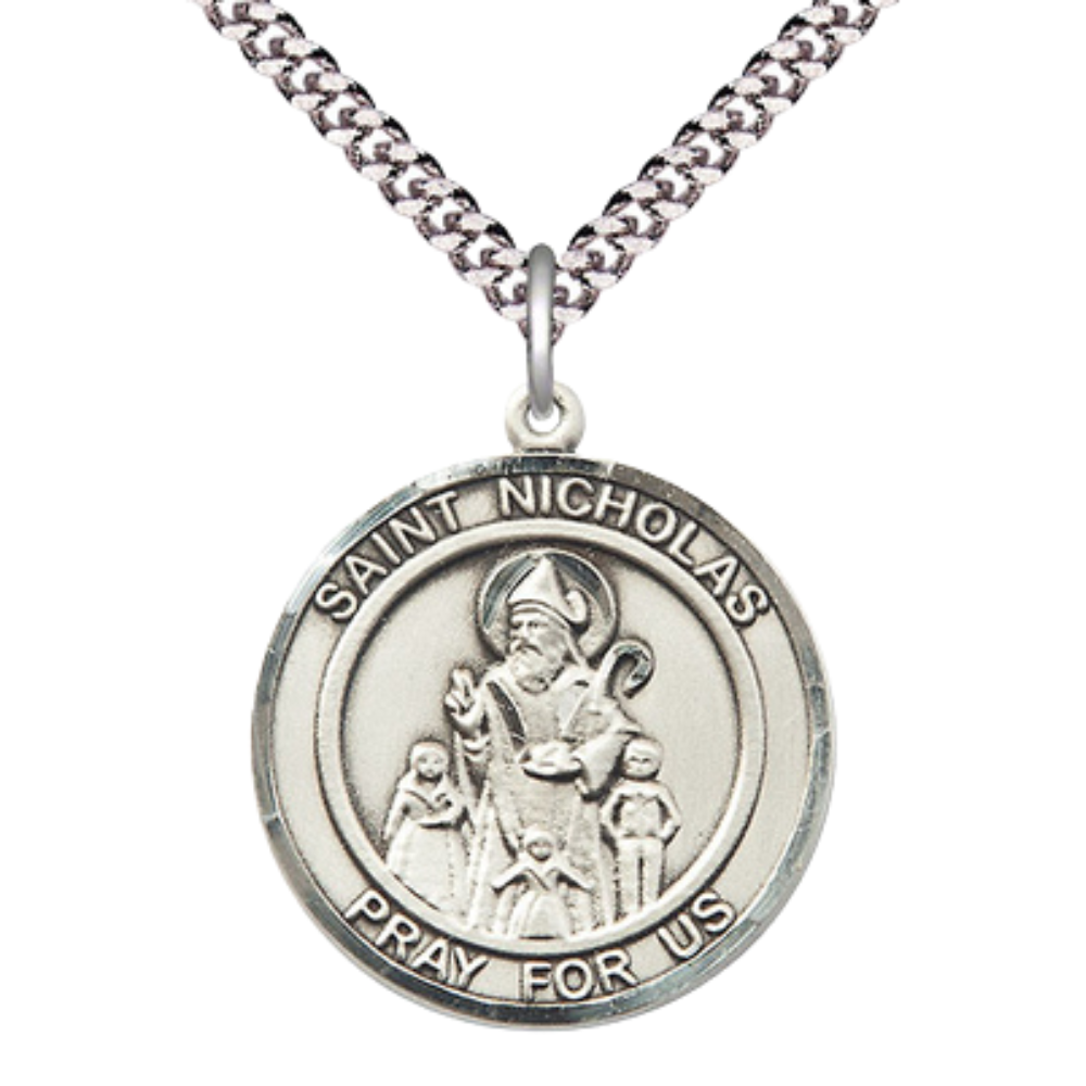 Mens Round Pewter Saint Nicholas Medal Pendant on 24 inch Rhodium Plated Heavy Curb Brass Chain with Lobster Claw clasp, Catholic Religious Necklace -Made in USA- Deluxe Velvet Gift Box