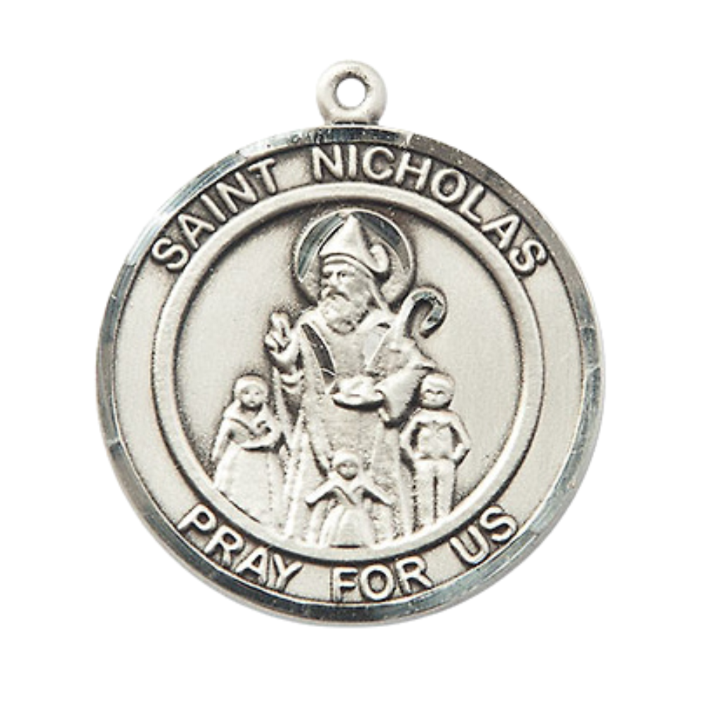 Mens Round .925 Sterling Silver Saint St. Nicholas Medal Pendant on 24 Inch Rhodium Plated Heavy Curb Brass Chain with Lobster Claw clasp, Catholic Religious Necklace - Made in USA- Velvet Gift Box