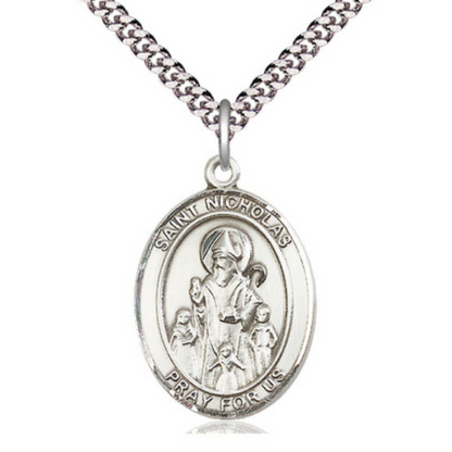 Sterling Silver Saint Nicholas Medal – Patron Saint of Bakers, Brides & Children with 24” Light Rhodium Heavy Curb Chain