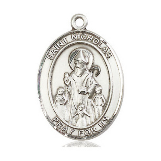 Mens Oval .925 Sterling Silver Saint Nicholas Medal Pendant on 24" Rhodium Plated Heavy Curb Brass Chain with Lobster Claw clasp, Catholic Religious Necklace -Made in USA- Velvet Gift Box