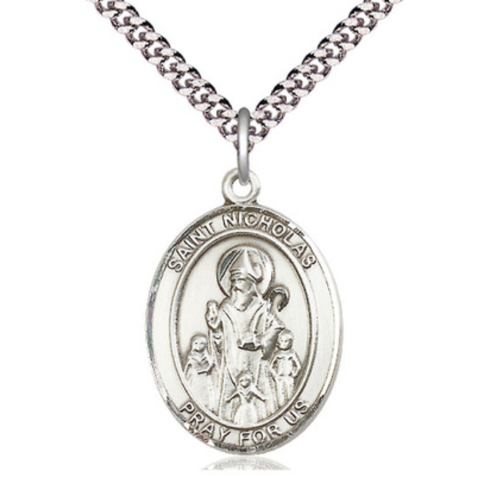 Mens 1 x 3/4" Oval Pewter Saint St. Nicholas Medal Pendant on 24 Inch Rhodium Plated Heavy Curb Brass Chain with Lobster Claw clasp, Catholic Religious Necklace - Made in USA - Deluxe Velvet Gift Box