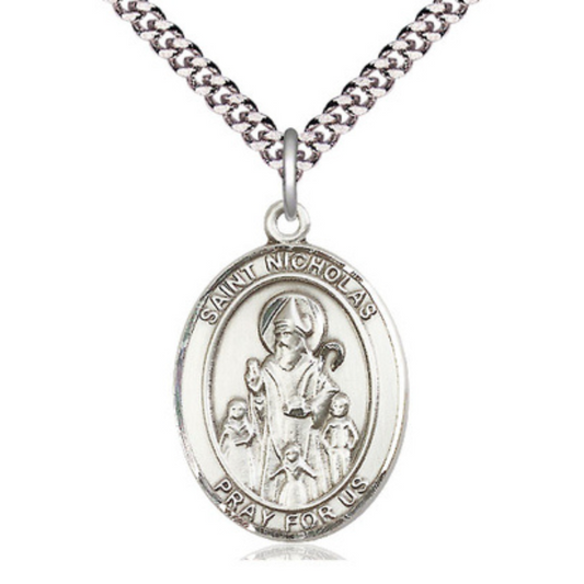 Mens 1 x 3/4" Oval Pewter Saint St. Nicholas Medal Pendant on 24 Inch Rhodium Plated Heavy Curb Brass Chain with Lobster Claw clasp, Catholic Religious Necklace - Made in USA - Deluxe Velvet Gift Box