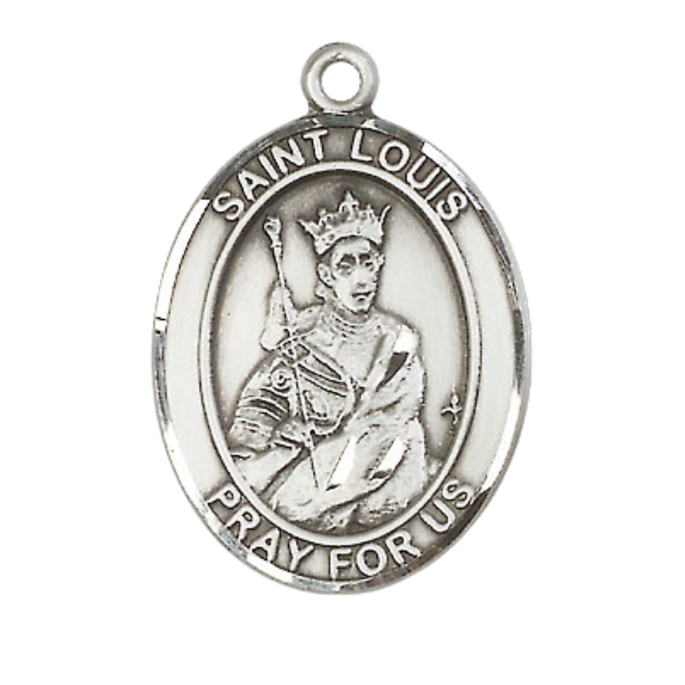 Women's .925 Sterling Silver Saint St. Louis Medal Pendant on 18 Inch Rhodium Plated Lite Curb Brass Chain with Lobster Claw Clasp, Catholic Religious Necklace - Made in USA- Deluxe Velvet Gift Box