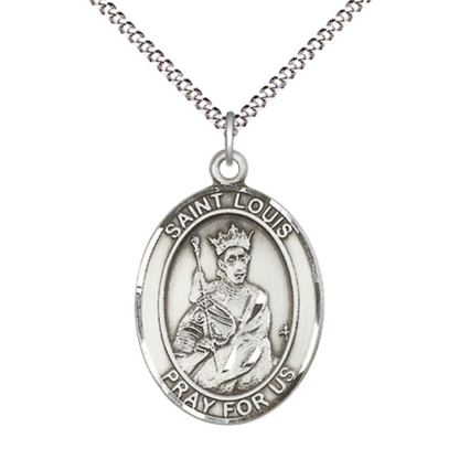 Women's Pewter Saint St. Louis Medal Pendant on 18 Inch Rhodium Plated Lite Curb Brass Chain with Lobster Claw Clasp, Catholic Religious Necklace - Made in USA- Deluxe Velvet Gift Box