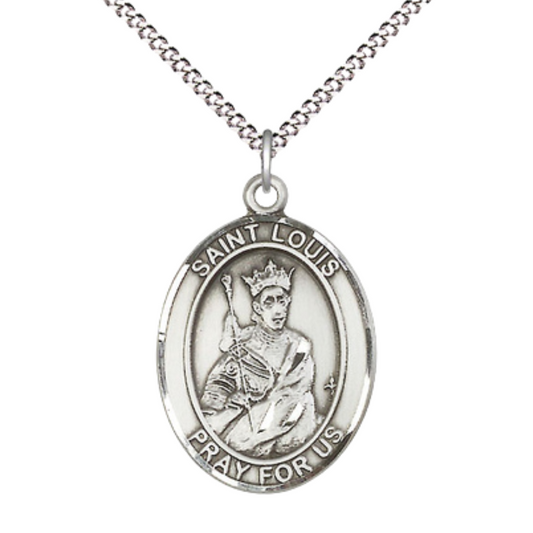 Women's .925 Sterling Silver Saint St. Louis Medal Pendant on 18 Inch Rhodium Plated Lite Curb Brass Chain with Lobster Claw Clasp, Catholic Religious Necklace - Made in USA- Deluxe Velvet Gift Box
