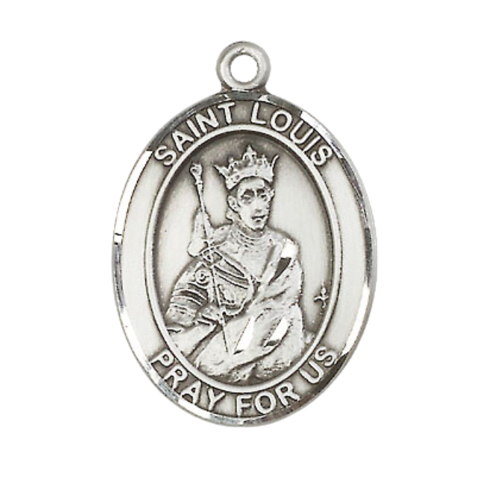 Mens 1 x 3/4" Oval Pewter Saint St. Louis Medal Pendant on 24 inch Rhodium Plated Heavy Curb Brass Chain with Lobster Claw clasp, Catholic Religious Necklace - Made in USA - Deluxe Velvet Gift Box