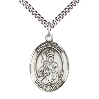 Saint St. Louis Men's .925 Sterling Silver Medal Necklace– Patron Saint St. of Builders & Parenthood – 24 Inch Light Rhodium Plated Heavy Curb Chain, Catholic Medal – Velvet Gift Box