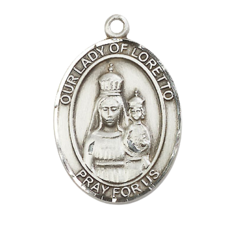 Women's Pewter Our Lady of Loretto Medal Pendant on 18 Inch Rhodium Plated Lite Curb Brass Chain with Lobster Claw Clasp, Catholic Religious Necklace - Made in USA- Deluxe Velvet Gift Box