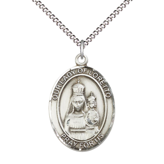 Women's Pewter Our Lady of Loretto Medal Pendant on 18 Inch Rhodium Plated Lite Curb Brass Chain with Lobster Claw Clasp, Catholic Religious Necklace - Made in USA- Deluxe Velvet Gift Box