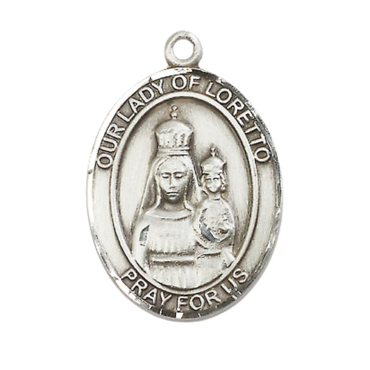 Mens .925 Sterling Silver Our Lady of Loretto Medal Pendant on 24 Inch Rhodium Plated Heavy Curb Brass Chain with Lobster Claw clasp, Catholic Religious Necklace - Made in USA- Velvet Gift Box
