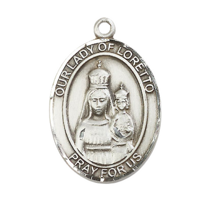 Mens 1 x 3/4" Oval Pewter Our Lady of Loretto Medal Pendant on 24 Inch Rhodium Plated Heavy Curb Brass Chain with Lobster Claw clasp, Catholic Religious Necklace - Made in USA- Velvet Gift Box