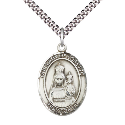 Our Lady of Loretto Medal Necklace – 24" Endless Rhodium Plated Chain – Patron Saint of Aviators – Exquisite Religious Jewelry in Velvet Gift Box