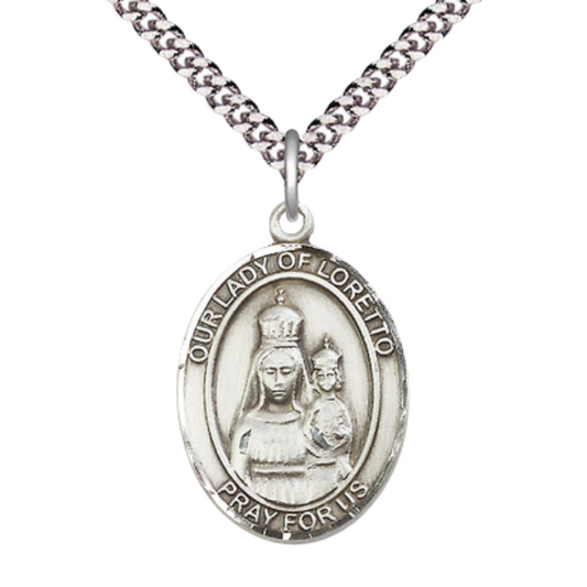 Our Lady of Loretto Men's Medal Necklace – 24 Inch Endless Light Rhodium Plated Heavy Curb Chain – Patron Saint St. of Aviators – Exquisite Catholic Religious Jewelry in Velvet Gift Box