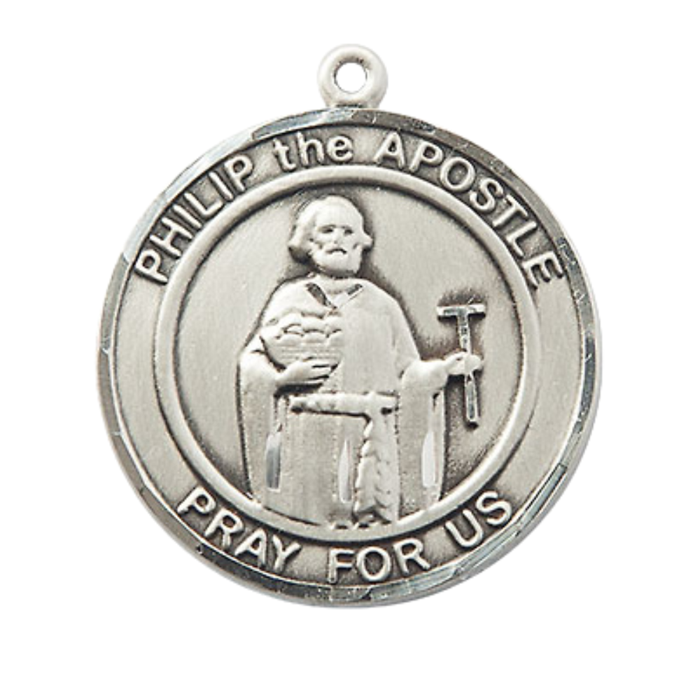 Women's .925 Sterling Silver Philip the Apostle Medal Pendant on 18 Inch Rhodium Plated Lite Curb Brass Chain w/ Lobster Claw Clasp, Catholic Religious Necklace - Made in USA- Deluxe Velvet Gift Box