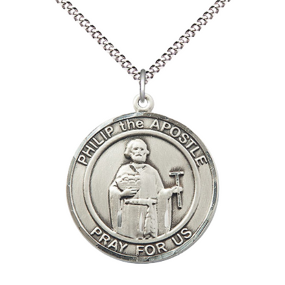 Women's .925 Sterling Silver Philip the Apostle Medal Pendant on 18 Inch Rhodium Plated Lite Curb Brass Chain w/ Lobster Claw Clasp, Catholic Religious Necklace - Made in USA- Deluxe Velvet Gift Box