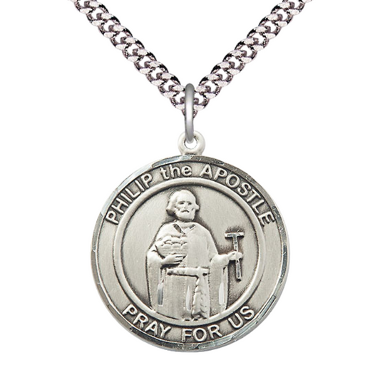 Men's .925 Sterling Silver Philip the Apostle Medal Pendant on 24 Inch Endless Rhodium Plated Heavy Curb Chain, Catholic Religious Necklace - Made in USA - Deluxe Velvet Gift Box