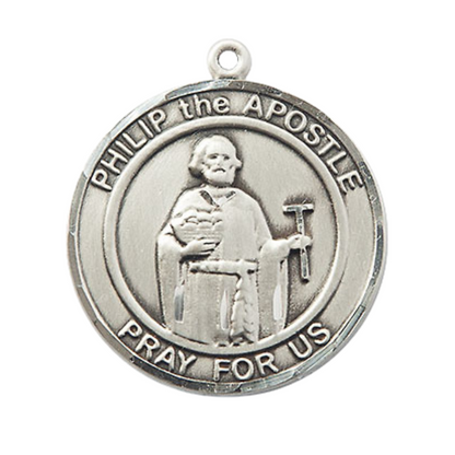 Men's .925 Sterling Silver Philip the Apostle Medal Pendant on 24 Inch Endless Rhodium Plated Heavy Curb Chain, Catholic Religious Necklace - Made in USA - Deluxe Velvet Gift Box